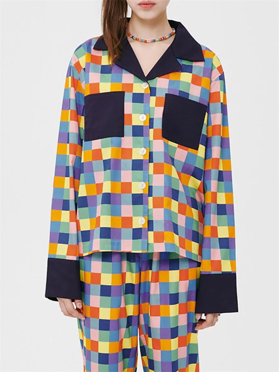 Women 2 Piece Pajamas Set Colorful Plaid Print Long Sleeve Button up Shirt and Elastic Pants for Loungewear Soft Sleepwear Pjs