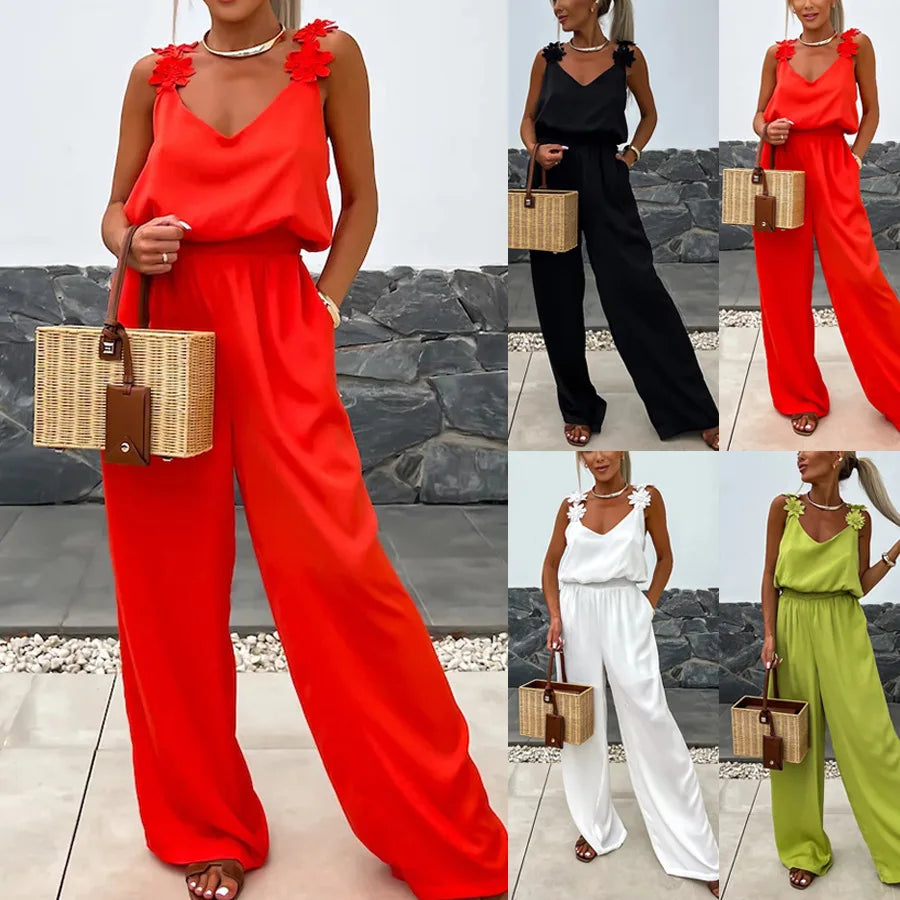 2024 Ladies Off Shoulder Sleeveless Jumpsuit Summer Women Casual Solid Rompers Streetwear Long Playsuits Overalls With Pockets