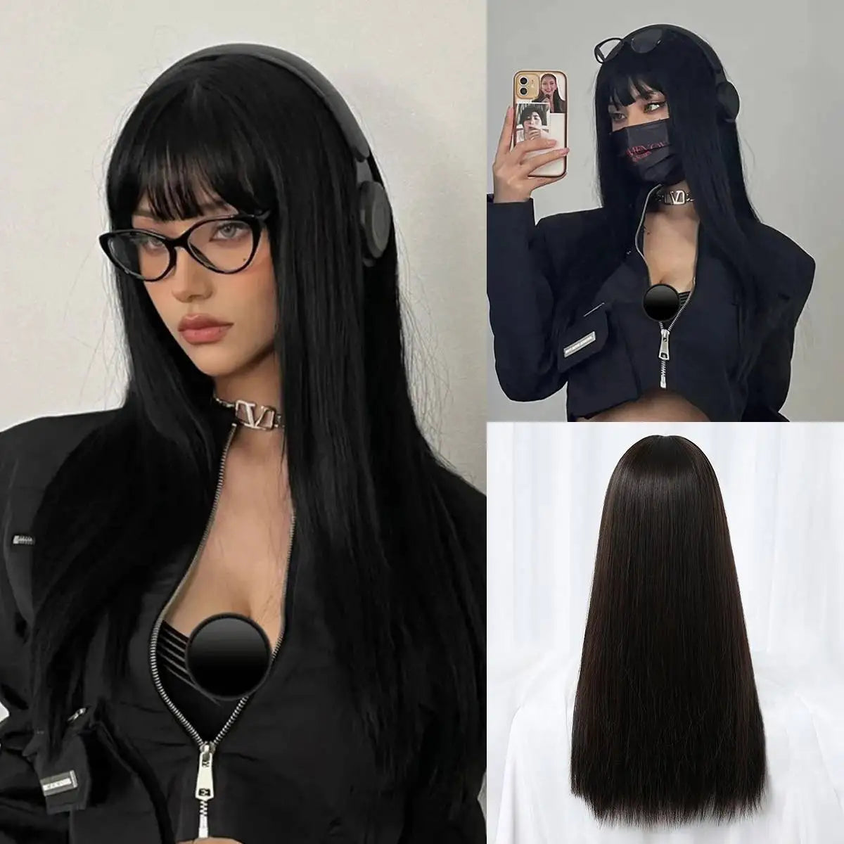 Long Straight Dark Red Cosplay Wig With Bangs for Women