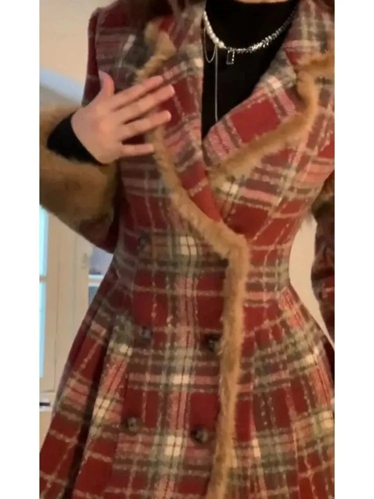 Women's Double Breasted Plaid Coat, Woolen Jacket , V-Neck, Loose Tops, Female Clothes, Sweet, New, Autumn, Winter