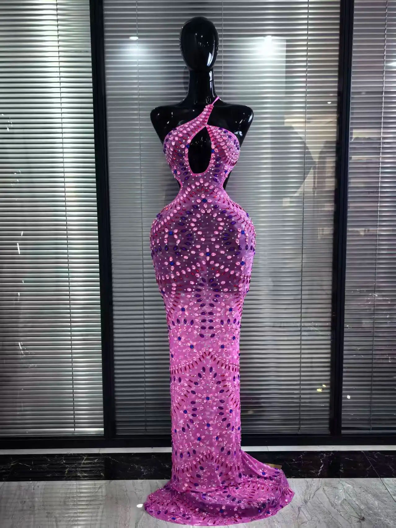 Pink Color Women Sexy Halter Backless Mesh See Through Bodycon Floor-length Mermaid Dress Birthday Party Cocktail Outfit