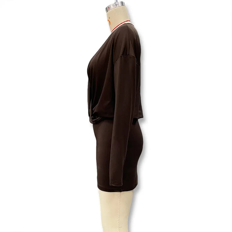 Solid Color Long-Sleeved V-Neck Mini Dress for Women
