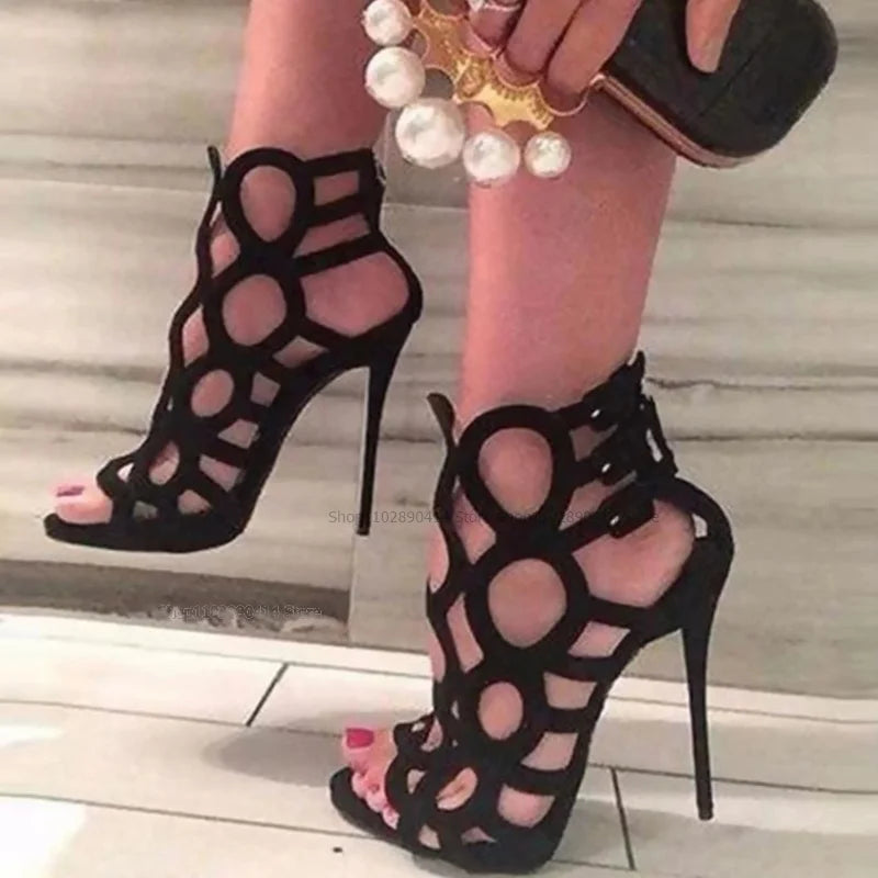 Blue Open Toe Hollow Back Zipper Stiletto Sandals for Women