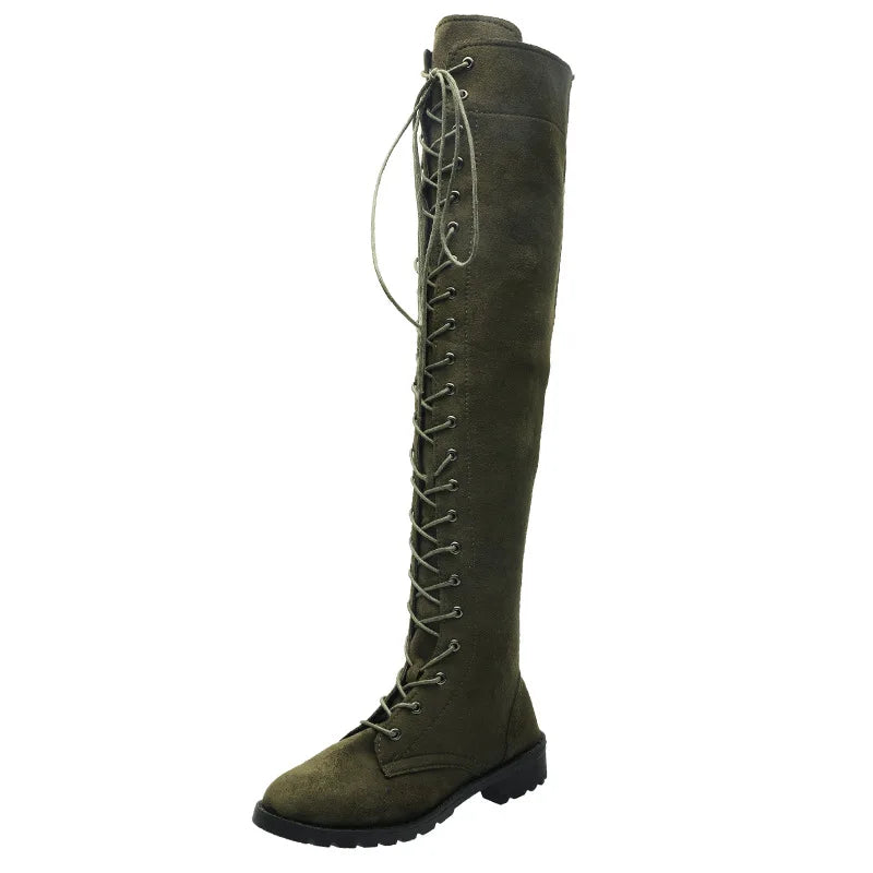 Lace Up Low Heel Winter Over The Knee Boots for Women