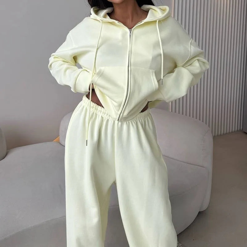 KUCLUT Fashion Sports Suit Long Sleeve Zipper Cardigan Hooded Sweatshirt Drawstring Elastic Trousers Two-piece Set Female 1A717