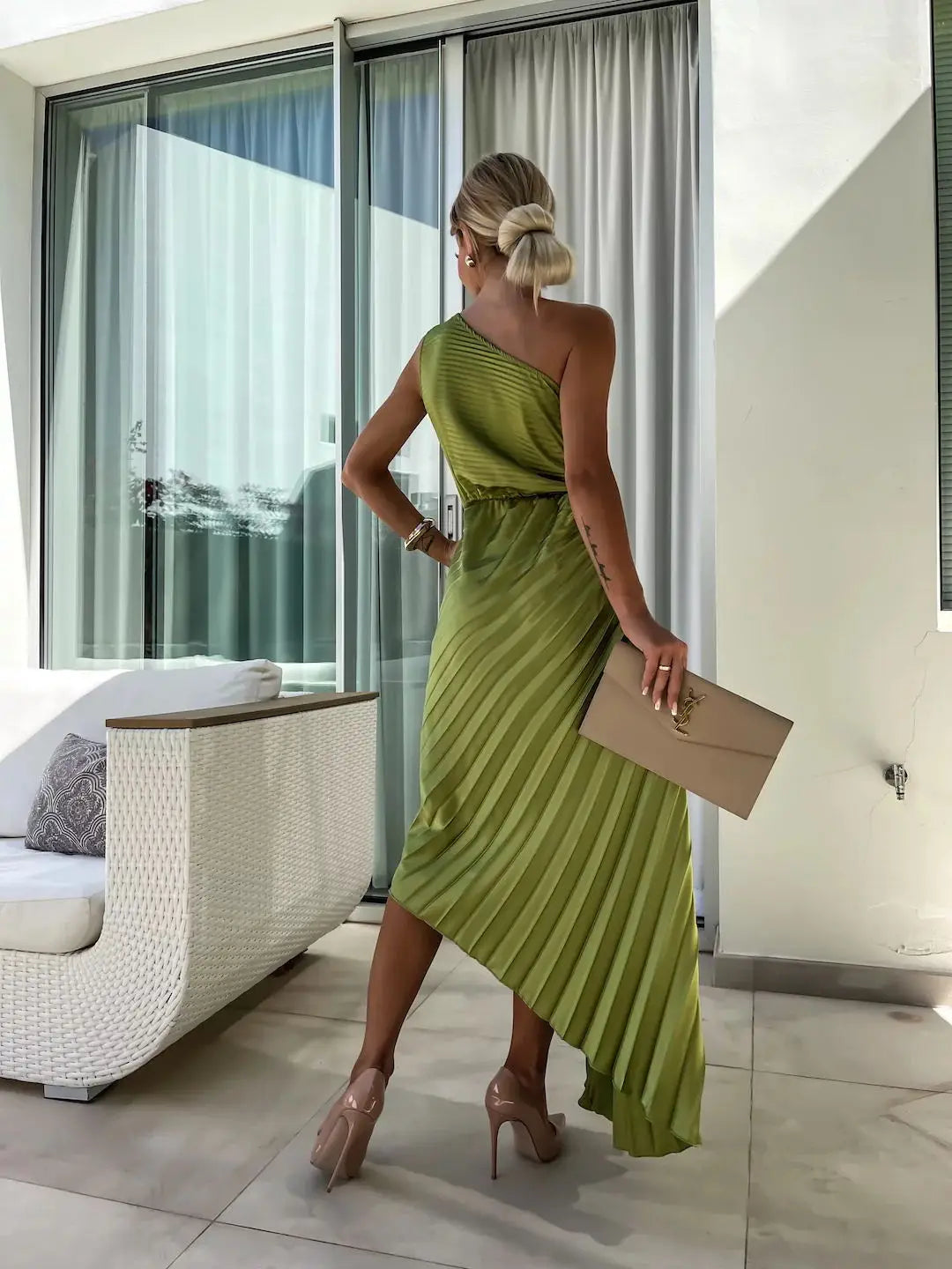 One Shoulder Flower Decor Pleated Elegant Dress for Women