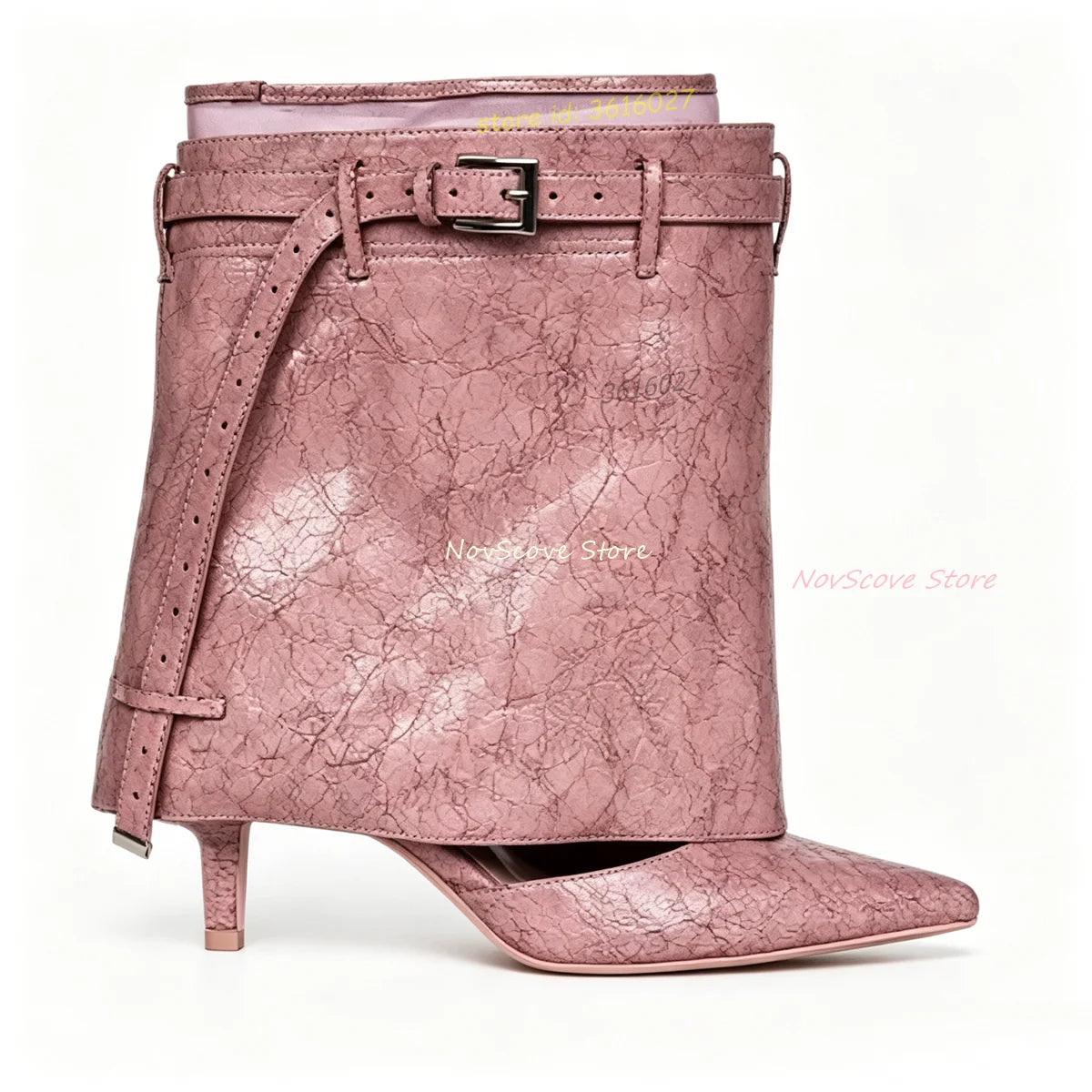 Green Croc Print Leather Fold Mid-Calf Boots With Stiletto Heel For Women
