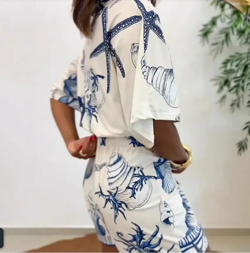 Seashell Starfish Print Wrap V Neck Short Sleeve Lace Up Romper for Women