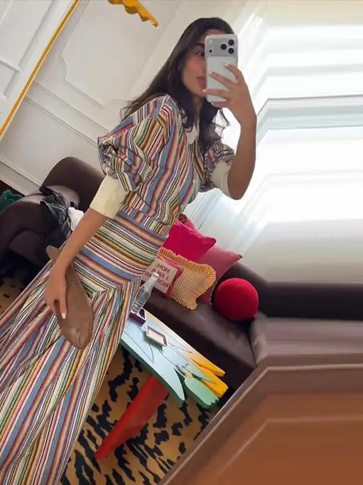 Elegant Multicolor Striped Puff Sleeve Maxi Dress For Women