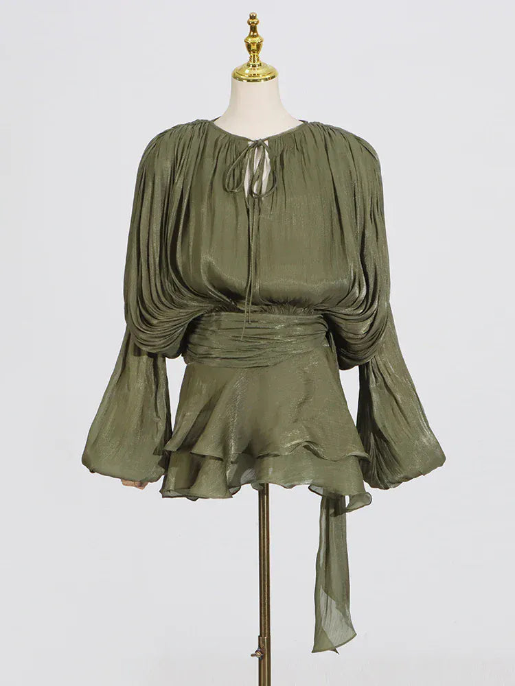 TWOTWINSTYLE Loose Solid Dresses For Women Round Neck Lantern Sleeve High Waist Spliced Fold Mini Chic Dress Female Fashion 2025