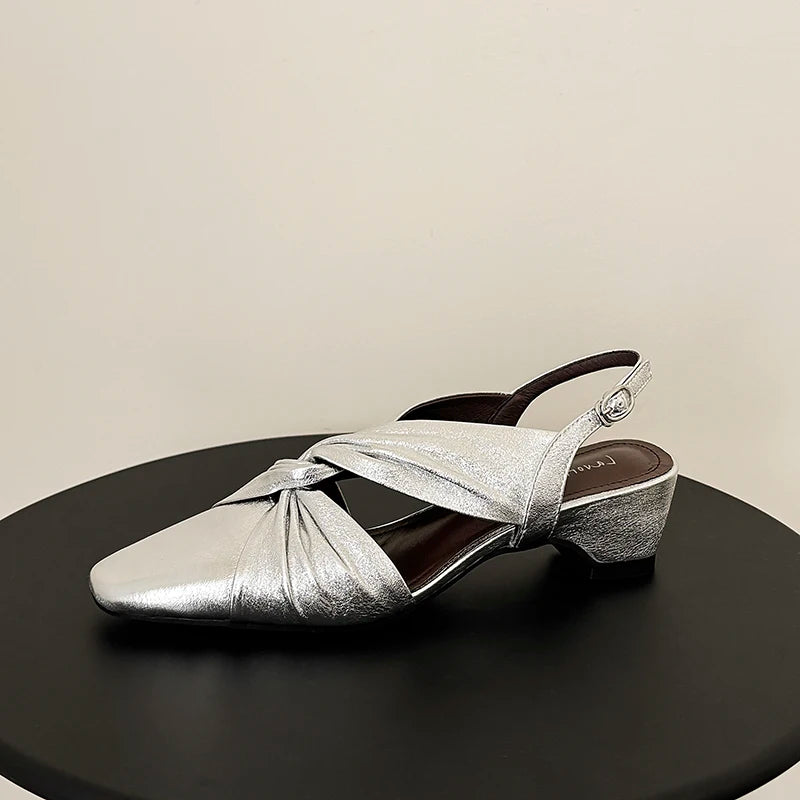 Handmade Real Leather Bowtie Square Heel Slingback Sandals for Women