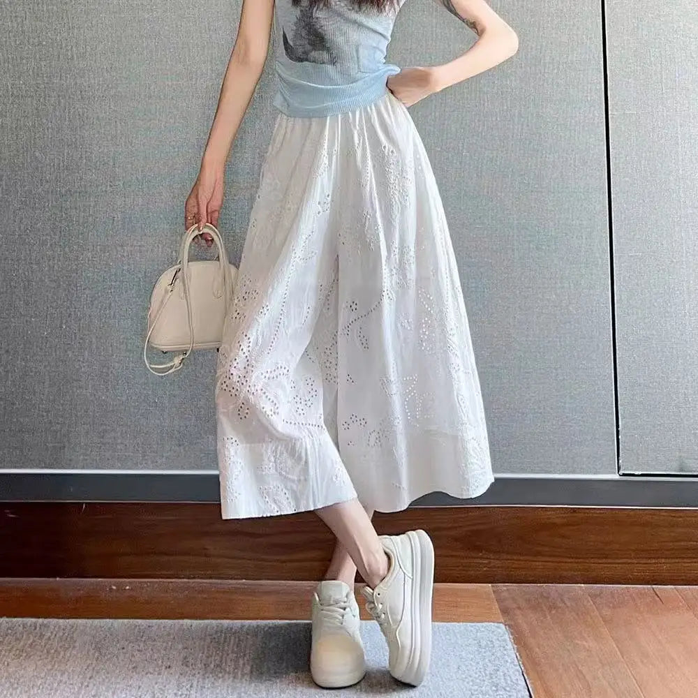 Hollow Out White Summer Wide Leg Cotton Pants for Women