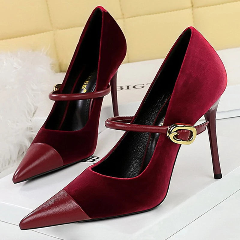 Suede Buckle Strap Pointed Toe Stiletto Pumps for Women
