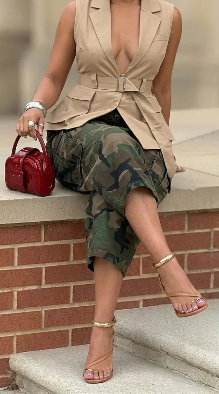 Women Camo Printed Capri Cargo Pants High Waist Loose Wide Leg Casual Streetwear Cropped Trousers