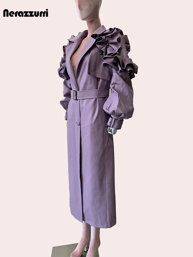 Long Purple Faux Leather Trench Coat With Ruffled Collar For Women