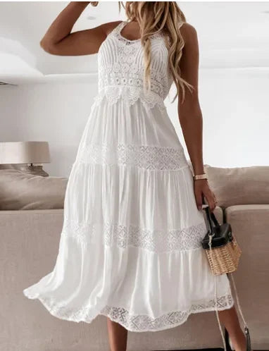 Lace White High Waist Split Sleeveless Dress for Women