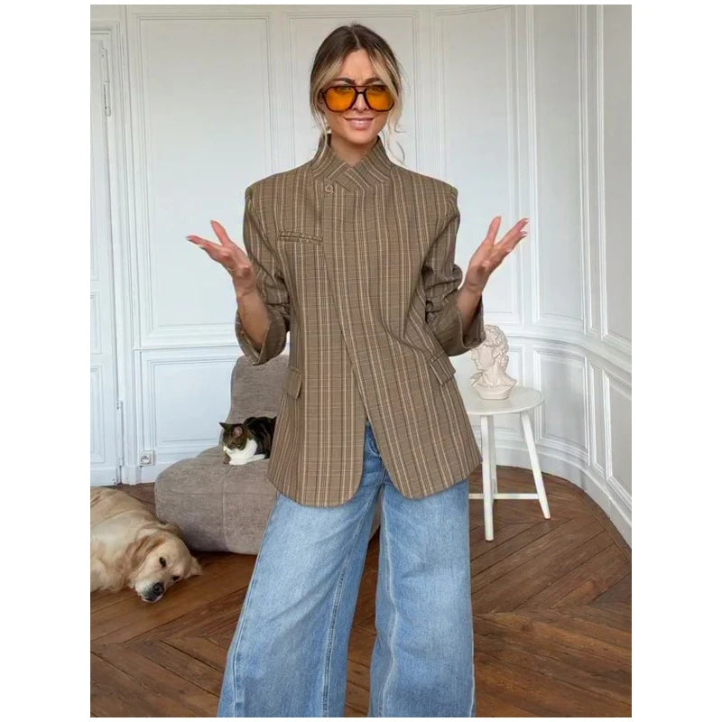 Vintage Plaid Lapel Blazer and Shorts Set for Women