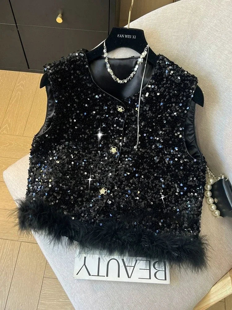 Elegant Retro Chinese Style Sequined Knit Vest for Women