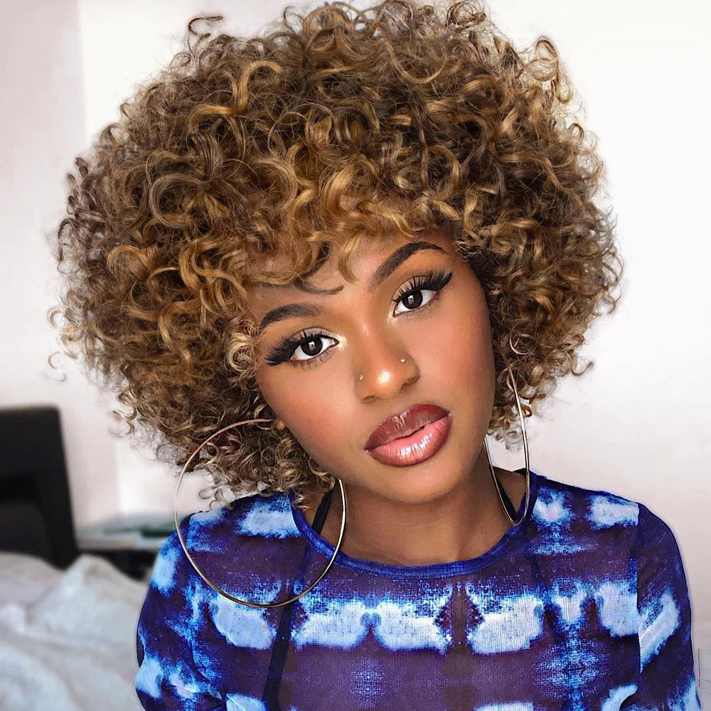 Short Kinky Curly Wig With Bangs And Mixed Highlights For Women