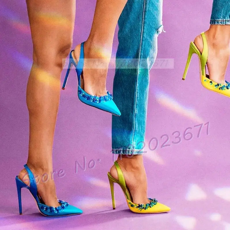 Elegant Blue Crystal Trim Satin Pointy Toe Heels For Women