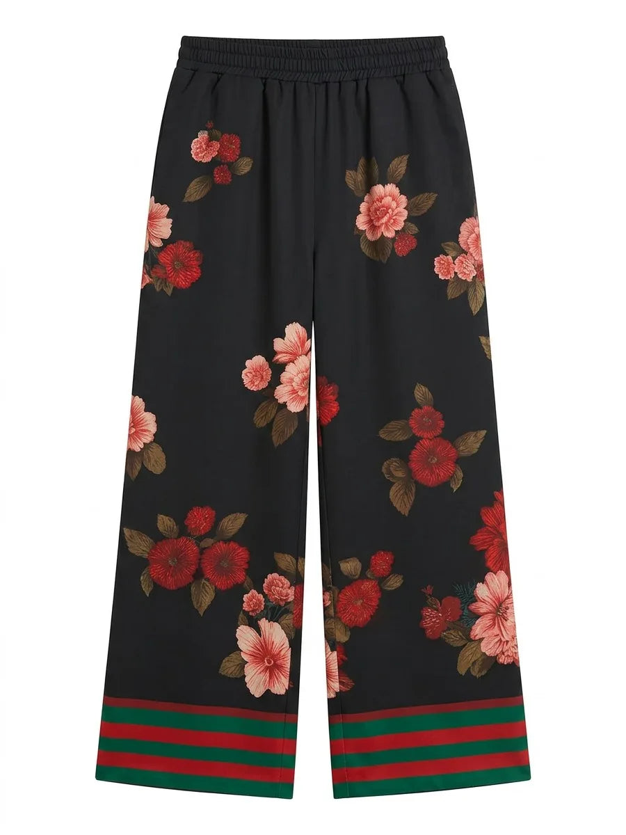 Women Elastic High Waist Wide Leg Pants 2026 New Elegant Floral Printed Contrast Color Loose Casual Office Trousers Bottoms