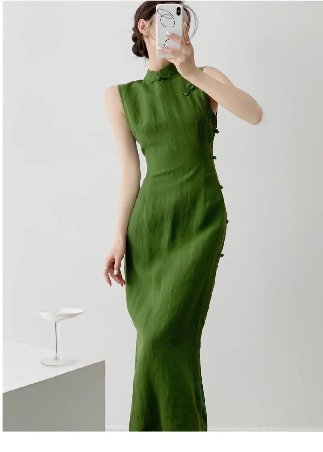 Moss Green Retro Chinese Style Cheongsam Dress for Women