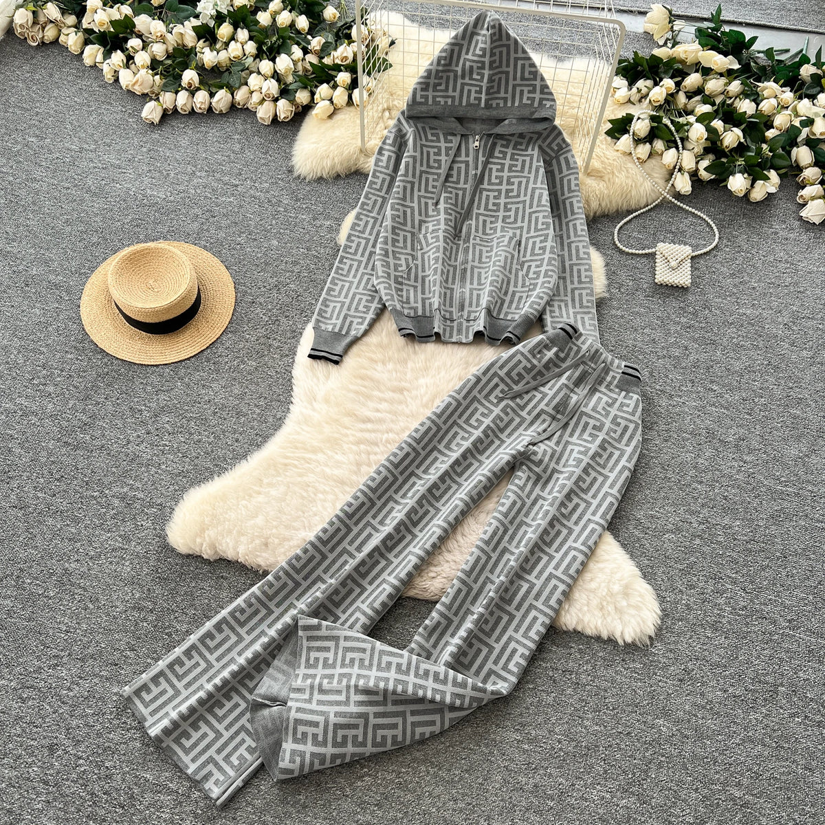 Geometric Print Hooded Knit Two Piece Set for Women