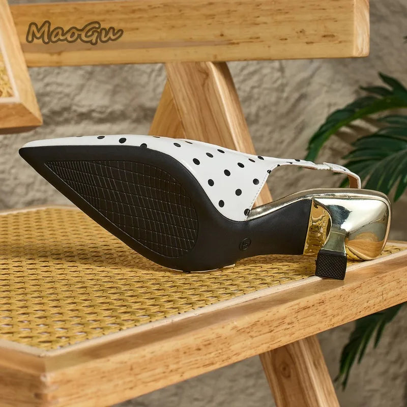 White Polka Dot Slingback Kitten Heel Pumps for Women