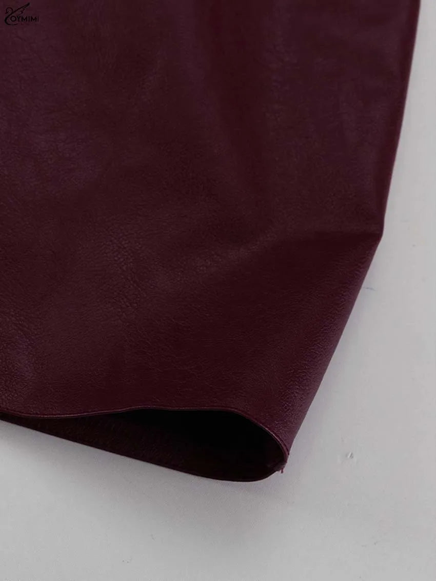 Oymimi Fashion Wine Red Pu Leather Women's Two Pieces Set Elegant Long Sleeve Button Shirts And Spaghetti Strap Mini Dress Sets