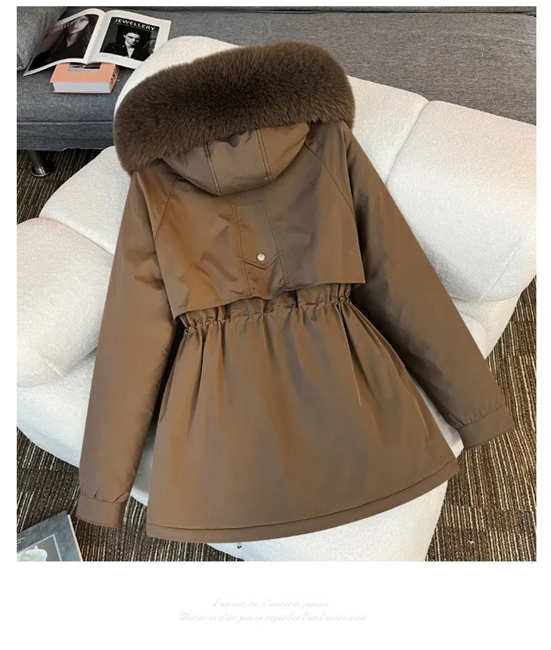 Korean Style Quilted Hooded Coat With Fur Collar For Women