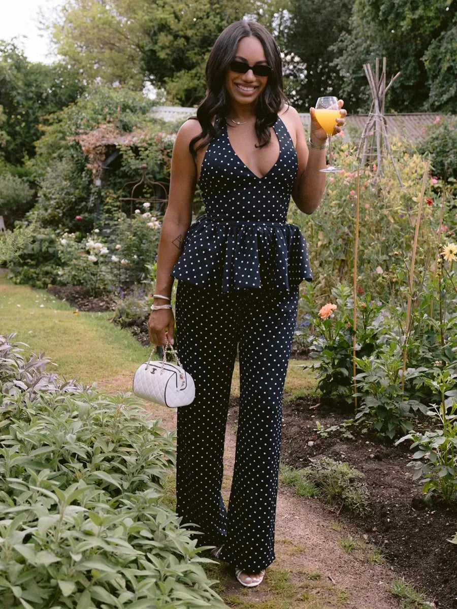 Loose Cotton Polka Dot Halter Top And Wide Leg Pants Set For Women