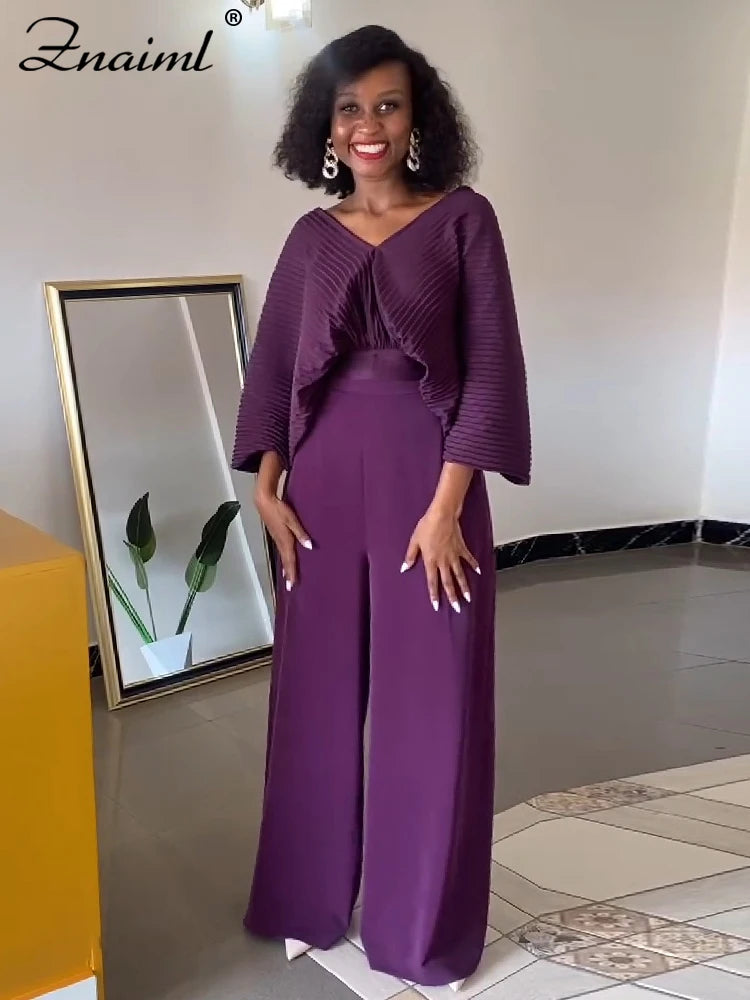 Znaiml Pleated Blouse V Neck Full Sleeve and Wide Leg Pants Women Loose 2 Pieces Sets Elegant Office Ladies African Outfits 2025