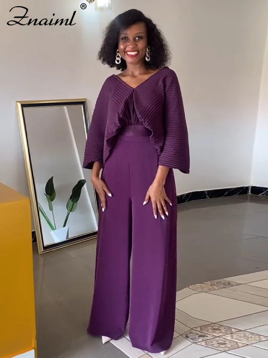 Znaiml Pleated Blouse V Neck Full Sleeve and Wide Leg Pants Women Loose 2 Pieces Sets Elegant Office Ladies African Outfits 2025