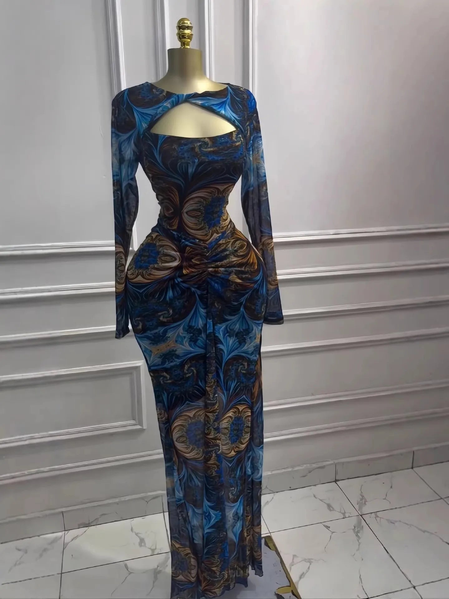 Elegant Pleated O Neck Long Sleeve Maxi Dress For Women