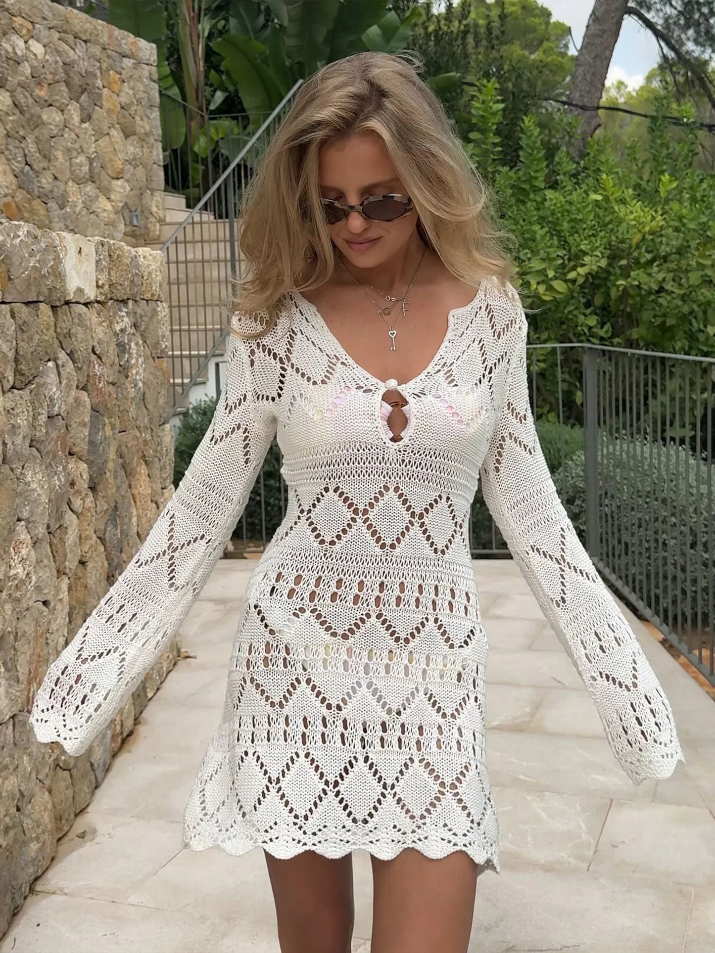 Sexy Knit Hollow Out V Neck White Slim Ruffled Edge Long Sleeve Beach Mini Dress 2025 New Women Vacation Swimsuit Cover Up K241
