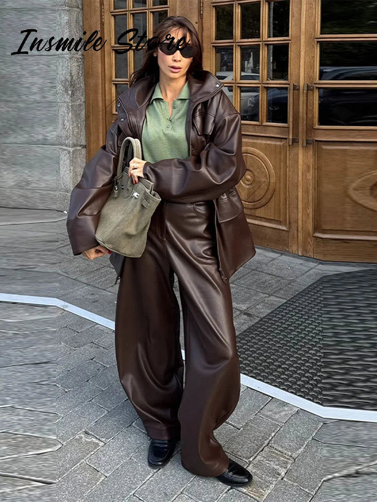 Vintage Cinched Waist Zipper Faux Leather Jacket for Women