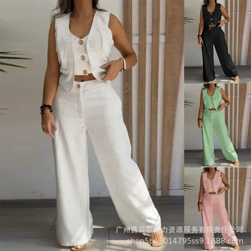 Women New 2 Pieces Outfits Metal Button Decor V Neck Sleeveless Tank Top and Casual Plain Loose Fit Pants Set