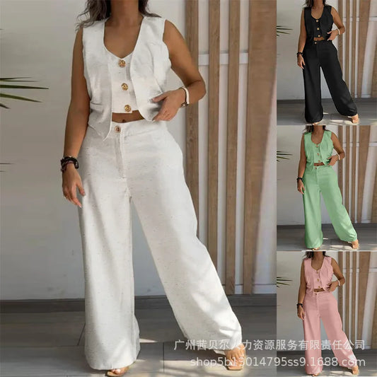 Women New 2 Pieces Outfits Metal Button Decor V Neck Sleeveless Tank Top and Casual Plain Loose Fit Pants Set