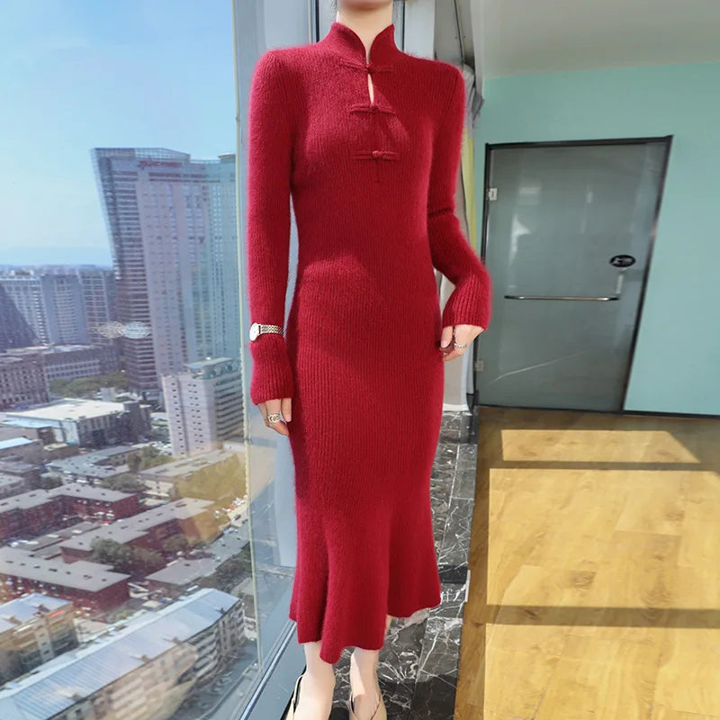 Stand Collar Ankle Length Fishtail Knit Dress for Women