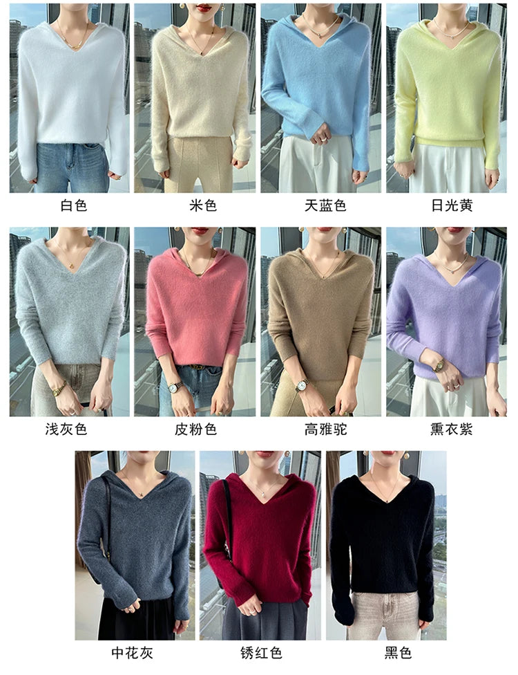 Loose Fit Thick Knit Hooded V-Neck Sweater for Women