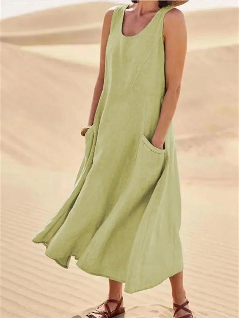 Casual Sleeveless Midi Dress With Side Pockets For Women
