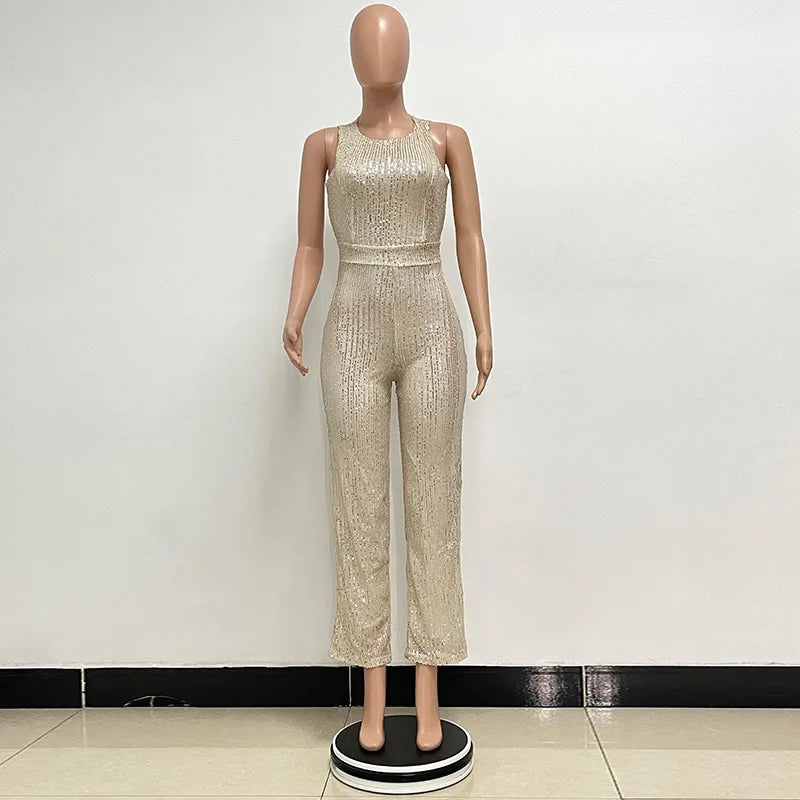 Elegant Silver Sequined Straight Cut Jumpsuit for Women