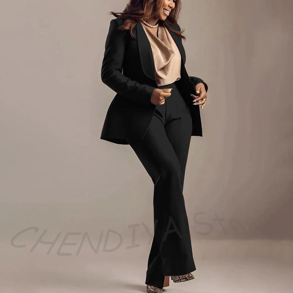 Classic Brown Women Suits Shawl Lapel Slim Fit Solid Color Formal Sets 2 Piece High Quality Office Lady Outfits Jacket Pants