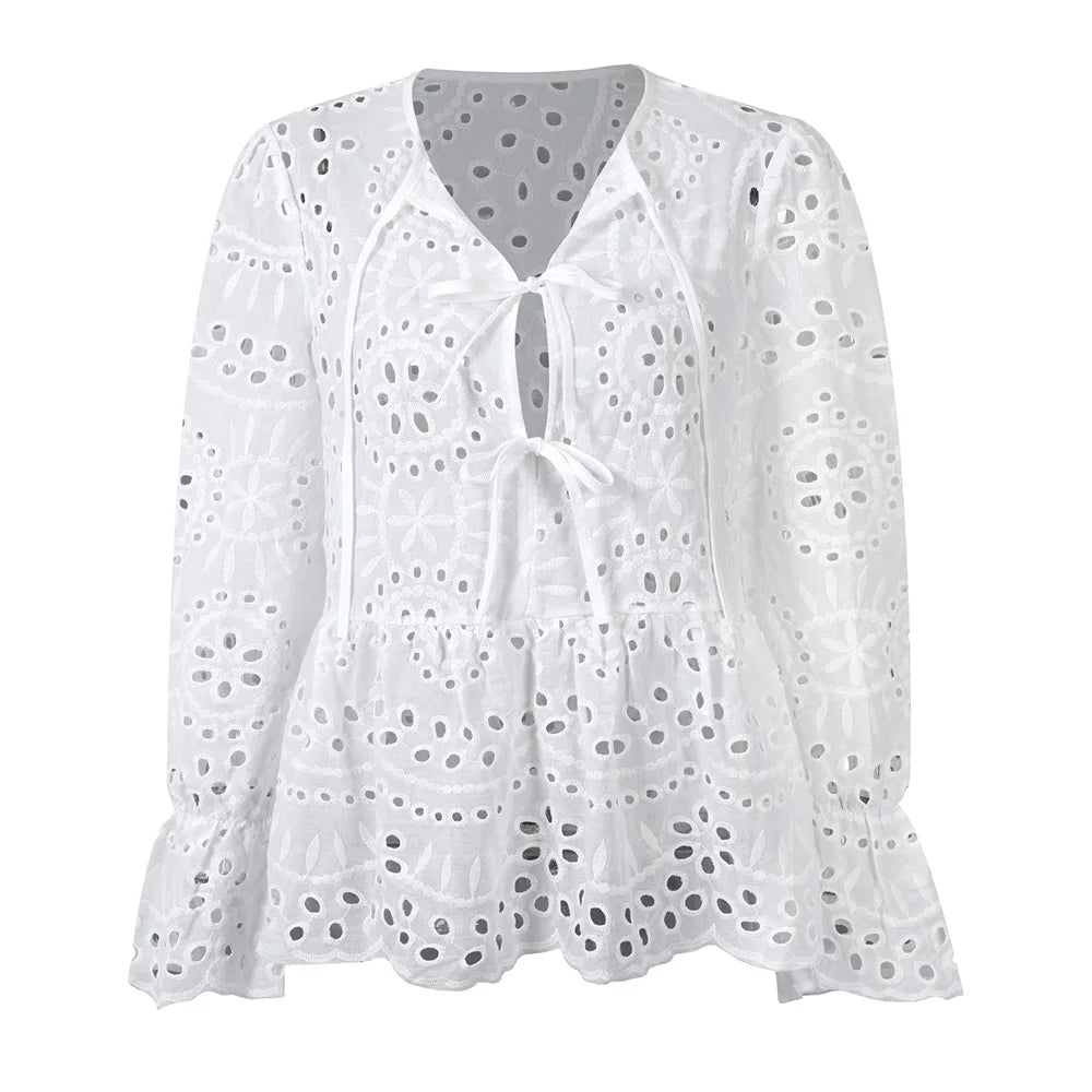 Women's Solid Boho Hollow Out Lace Up Lantern Sleeve Ruffle Blouse Autumn Ladies Casual Loose Holiday Vacation Tops Size S-2XL