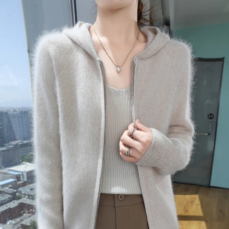 Loose Hooded Cashmere Knit Zipper Cardigan for Women