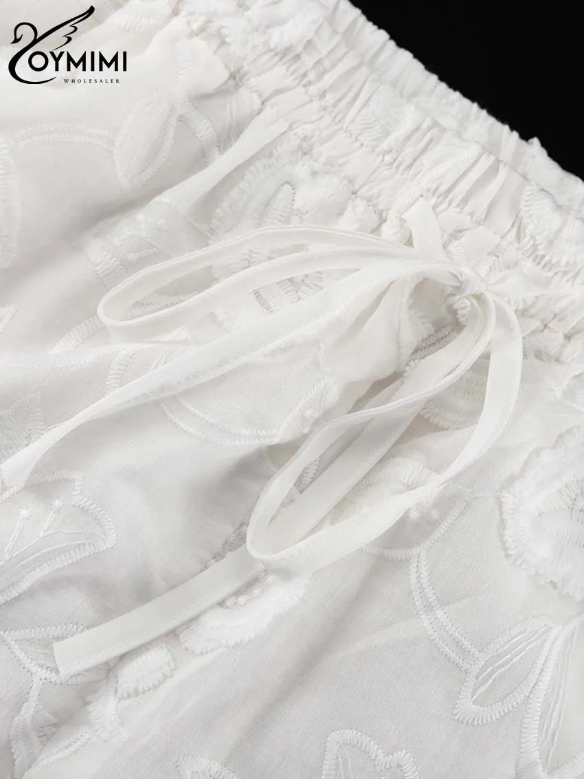 Oymimi Summer White Cotton 2 Piece Sets Women Outfit Casual Jacquard Button Wrist Sleeve Shirts And High Waist Shorts Female Set