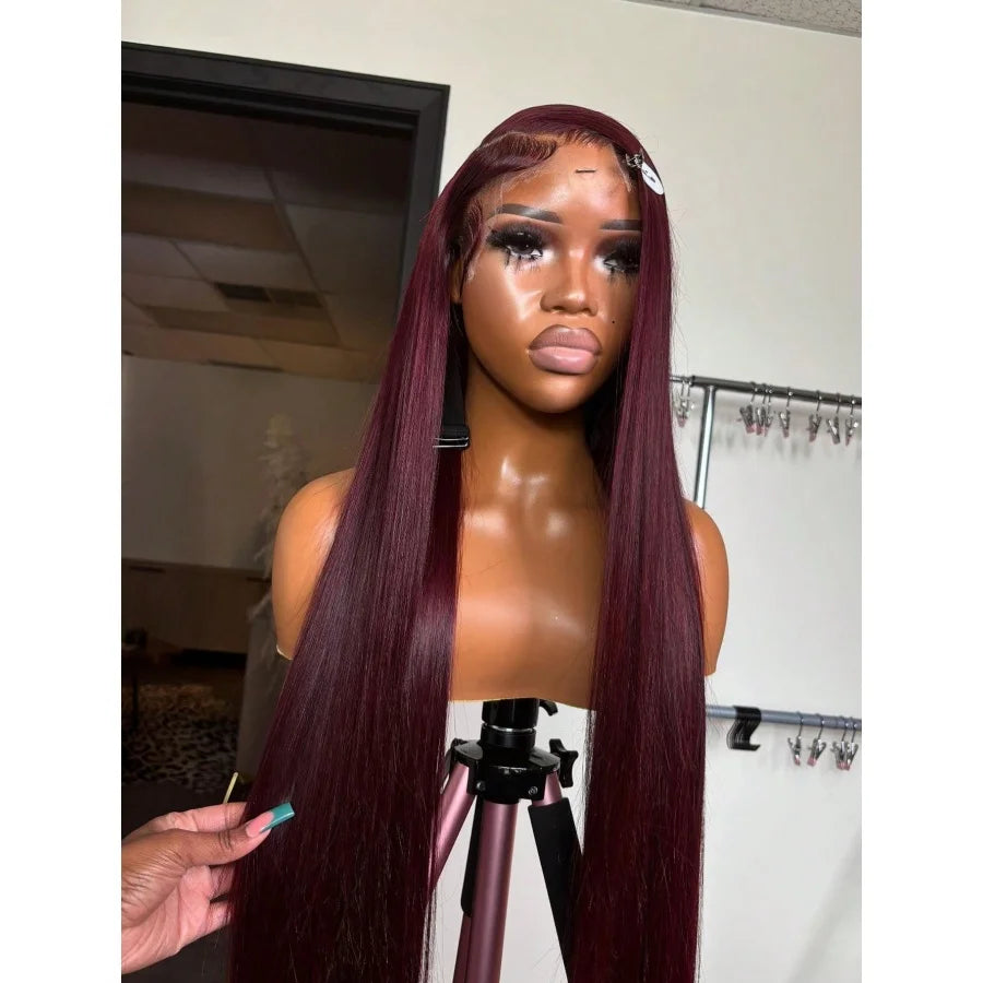 Straight Burgundy Transparent Lace Frontal Wig For Women