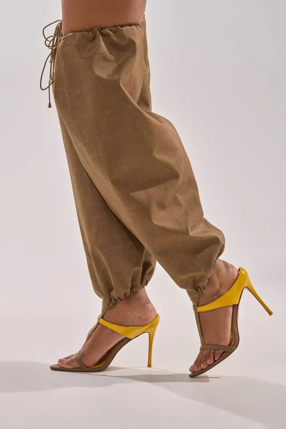 Two-Tone Yellow and Taupe T-Strap Stiletto Sandals for Women