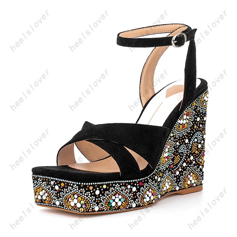 Elegant Rhinestone Square Toe Platform Wedge Sandals for Women