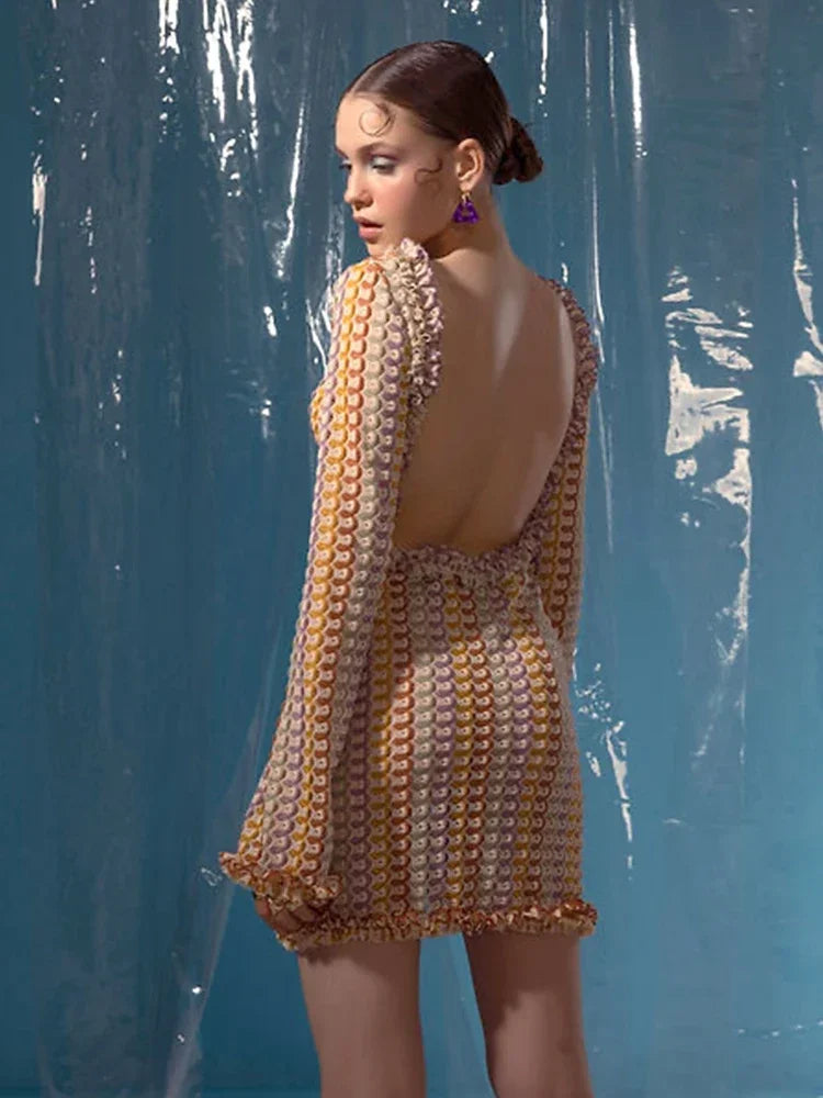 Sexy Backless Flare Sleeve Lace Knit Cut Out Party Beach Maxi Dress 2025 Summer Women Vacation Beachwear Swimsuit Cover Up A2815